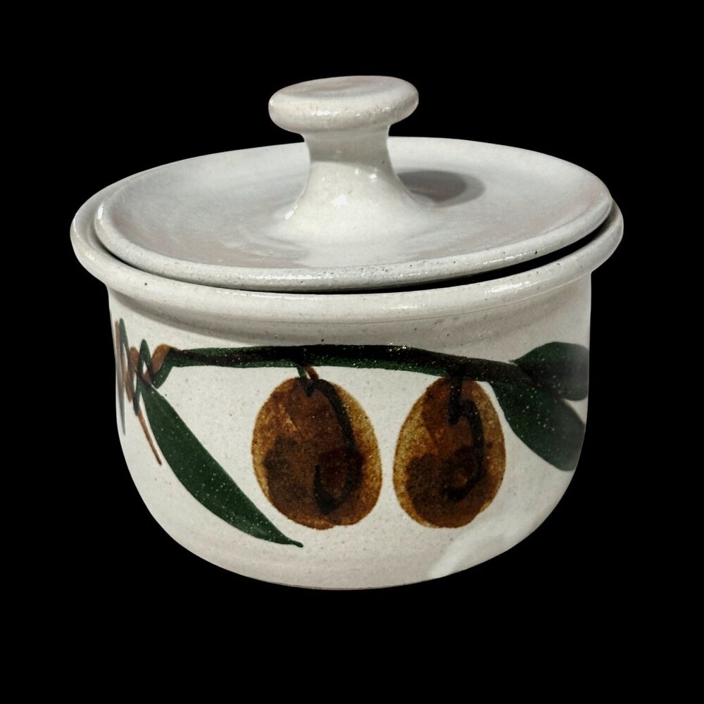 Maii signed gray pottery crock 5 inch olive design covered candy dish trinket bo
